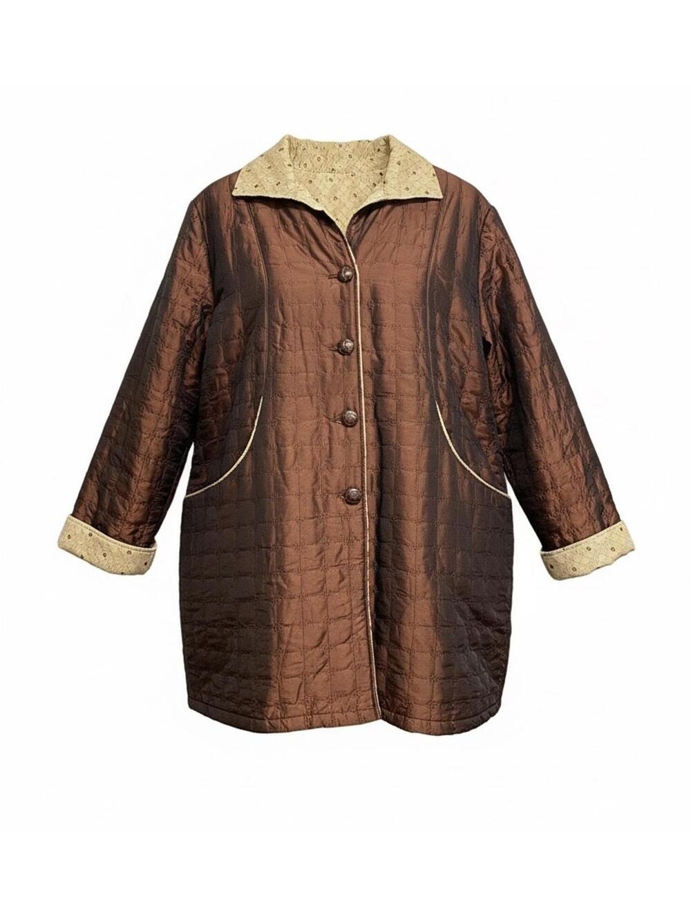Vtg Reversible Quilted Copper&Beige Jacket w Button Closure Single Stitch 2XL